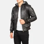 Men's Brown Hooded Leather Bomber Jacket Front View