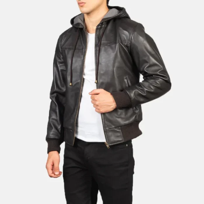 Men'S Brown Hooded Leather Bomber Jacket Front View