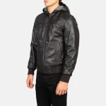 Men's Brown Hooded Leather Bomber Jacket Side View
