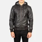 Men's Brown Hooded Leather Bomber Jacket Wearing look