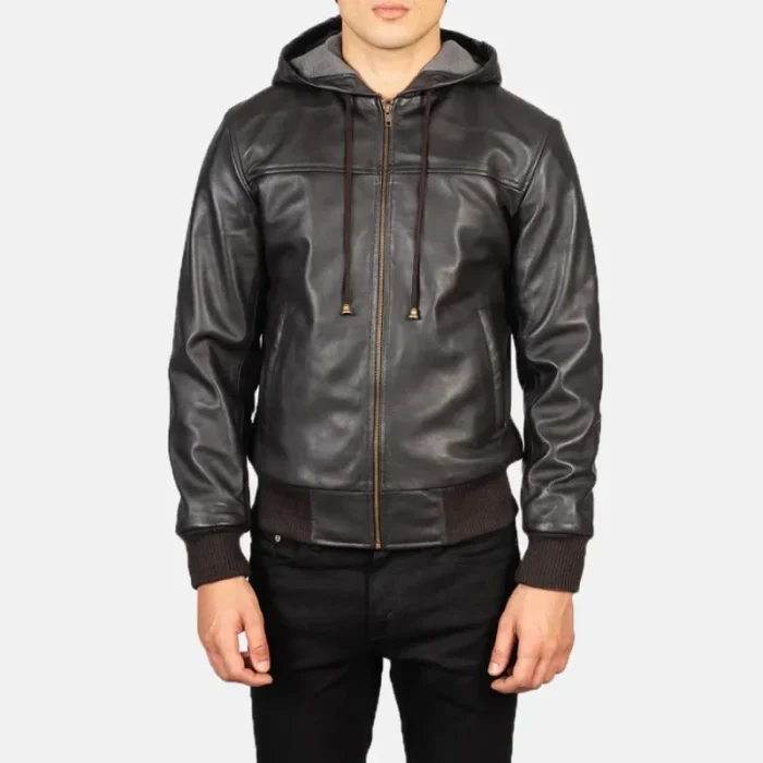 Men'S Brown Hooded Leather Bomber Jacket Wearing Look