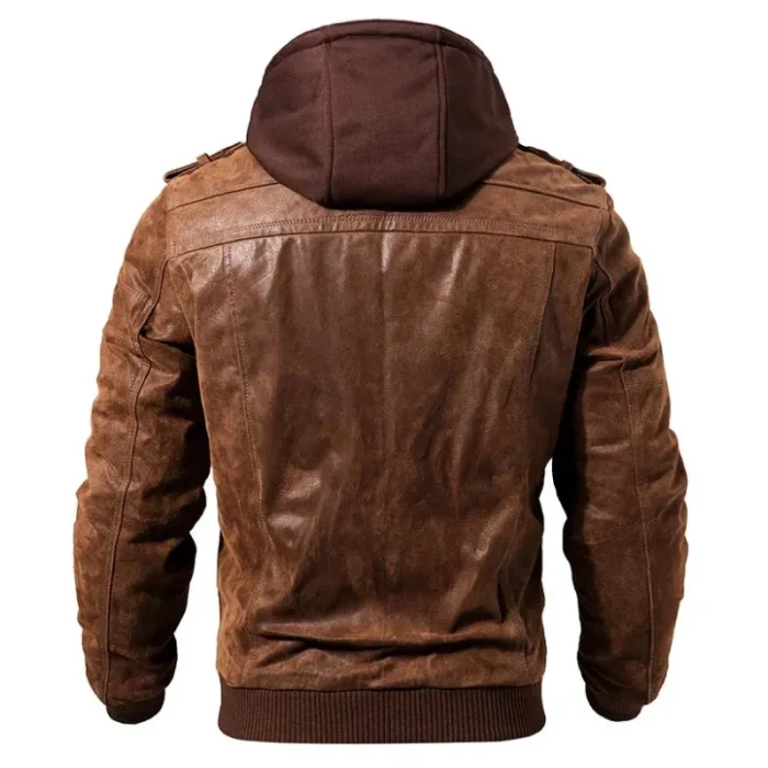 Brown Lambskin Leather Distressed Hooded Bomber Jacket Back