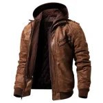 Men's Brown Leather Distressed Hooded Bomber Jacket