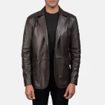 Men's Brown Leather Blazer Front View