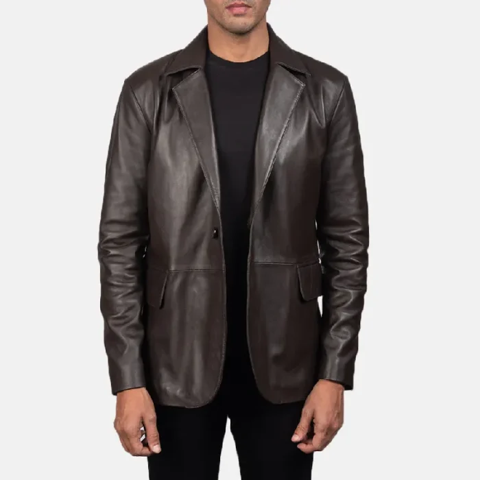 Men'S Brown Leather Blazer Front View