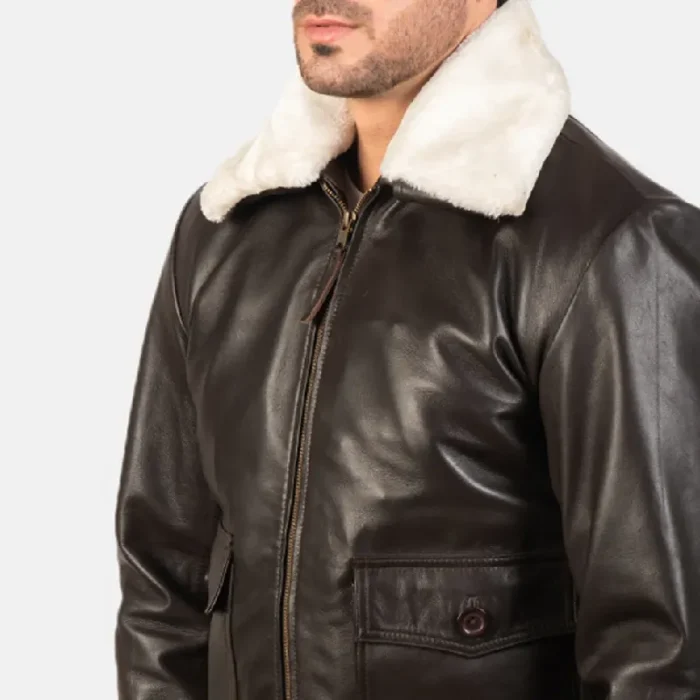 Men'S Brown Leather Bomber Zip-Up Jacket Close View