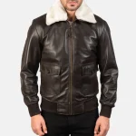 Men's Brown Leather Bomber Zip-Up Jacket Front View