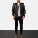 Men's Brown Leather Bomber Zip-Up Jacket Wearing Look