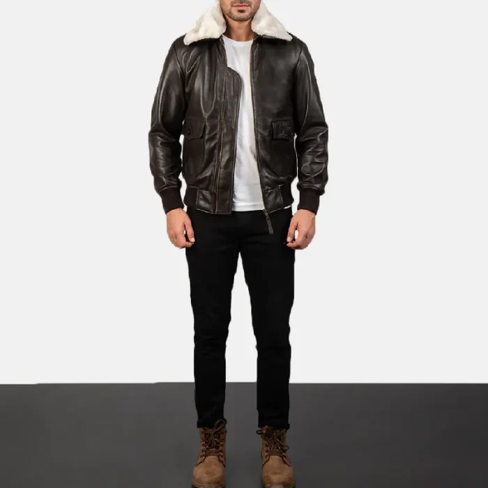 Men'S Brown Leather Bomber Zip-Up Jacket Wearing Look