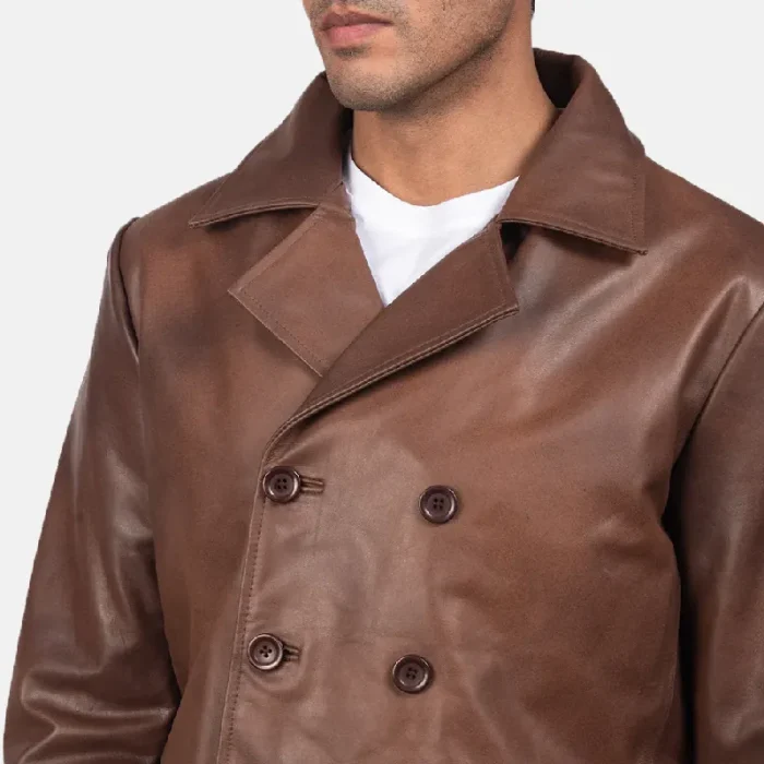 Men'S Brown Leather Naval Peacoat Close View