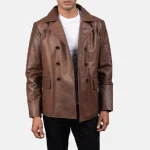 Men's Brown Leather Naval Peacoat Front
