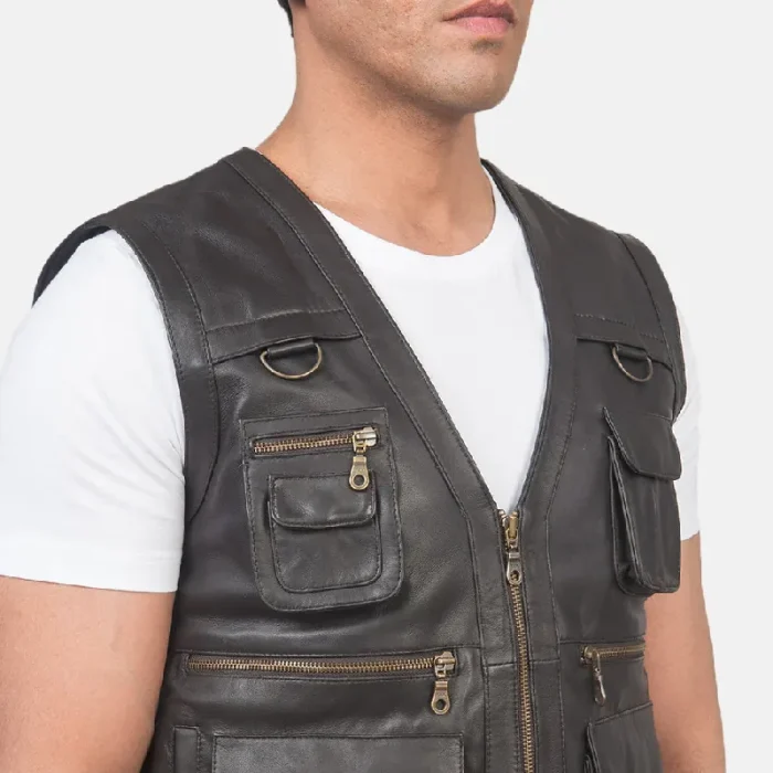 Men'S Brown Leather Vest Close View