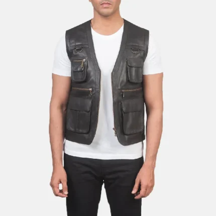 Men's Brown Leather Multi-Pocket Utility Vest