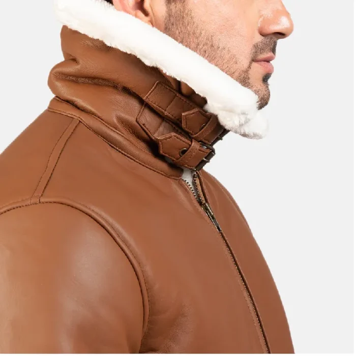 Men'S Brown Leather Zip-Up Bomber Jacket Close View