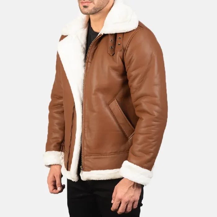 Men'S Brown Leather Zip-Up Bomber Jacket Side View