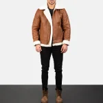 Men's Brown Leather Zip-Up Bomber Jacket Wearing View