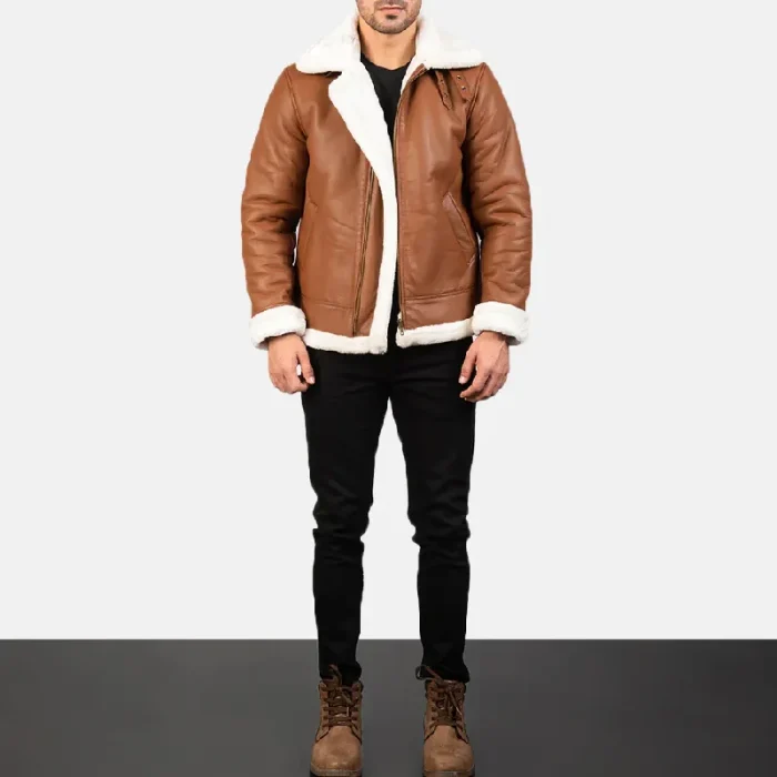 Men'S Brown Leather Zip-Up Bomber Jacket Wearing View