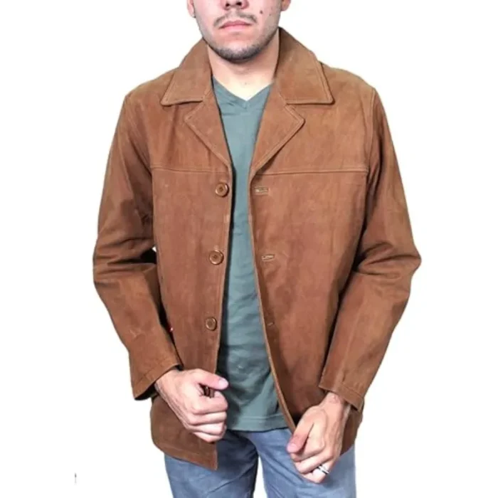 Men'S Brown Nubuck Leather Shirt-Style Jacket Front