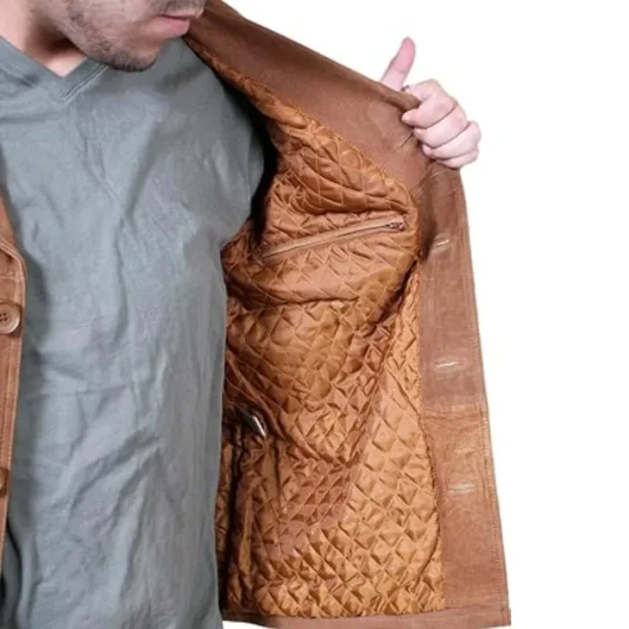 Men'S Brown Nubuck Leather Shirt-Style Jacket Inner View