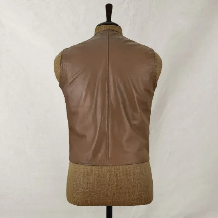 Men'S Brown Rock Style Leather Biker Vest Back View