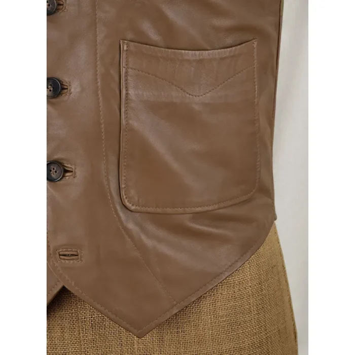 Men'S Brown Rock Style Leather Biker Vest Front Pocket View