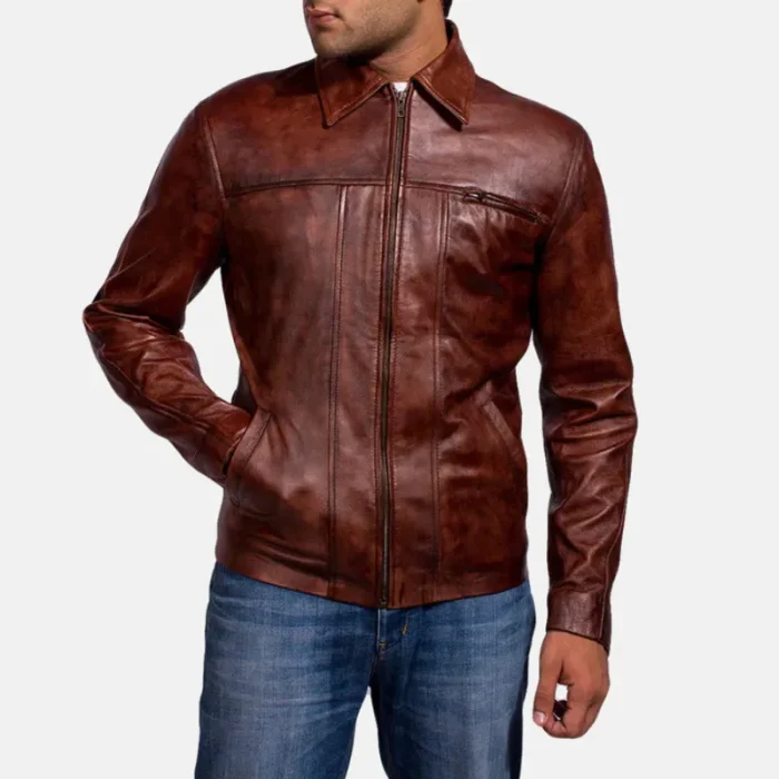 Men'S Brown Sheepskin Leather Biker Jacket Front