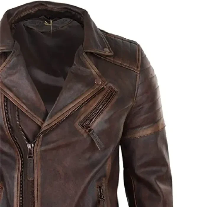 Men'S Brown Vintage Slim Fit Biker Leather Jacket Front