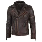 Men's Brown Vintage Slim Fit Biker Leather Jacket Zip-Up