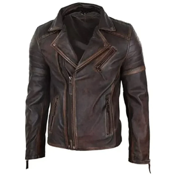 Men'S Brown Vintage Slim Fit Biker Leather Jacket Zip-Up