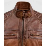 Men's Brown Vintage Waxed Leather Biker Jacket Close View