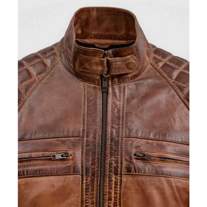 Men'S Brown Vintage Waxed Leather Biker Jacket Close View