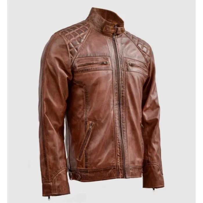 Men'S Brown Vintage Waxed Leather Biker Jacket Front View