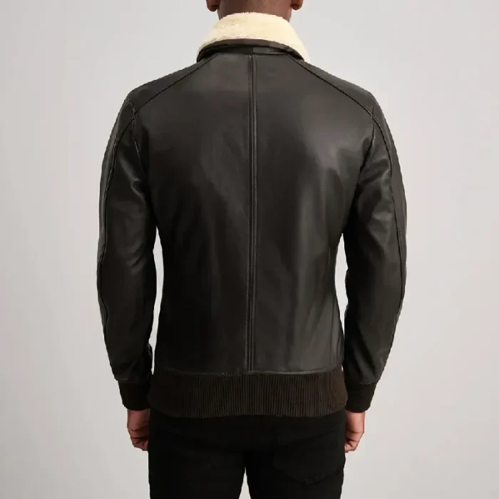 Men'S Brown_Cream Leather Bomber Jacket Back