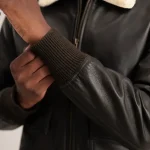 Men's Brown_Cream Leather Bomber Jacket Close View
