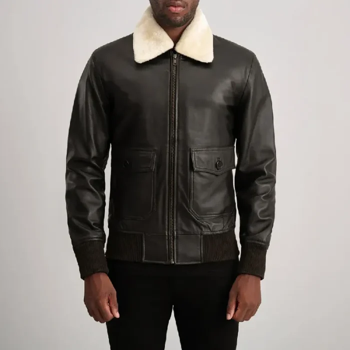 Men'S Brown_Cream Leather Bomber Jacket Front