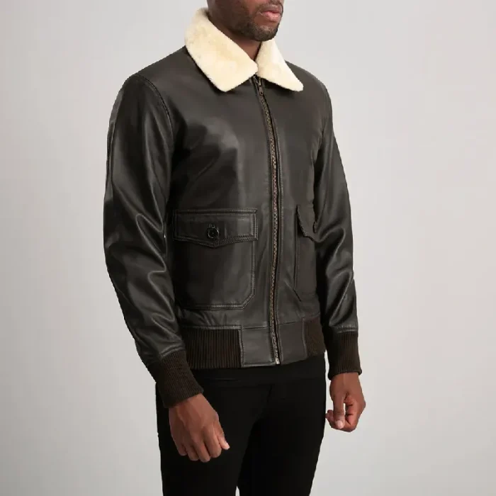 Men'S Brown/Cream Leather Bomber Jacket Side