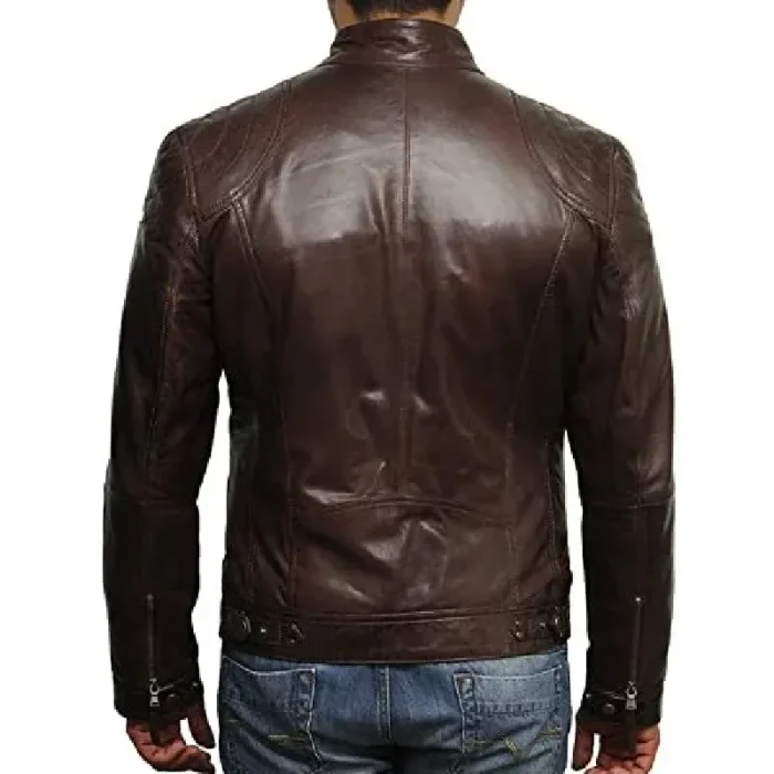 Men'S Dark Brown Zipper Slim Fit Biker Leather Jacket Back