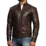 Men's Dark Brown Zipper Slim fit Biker Leather Jacket Front