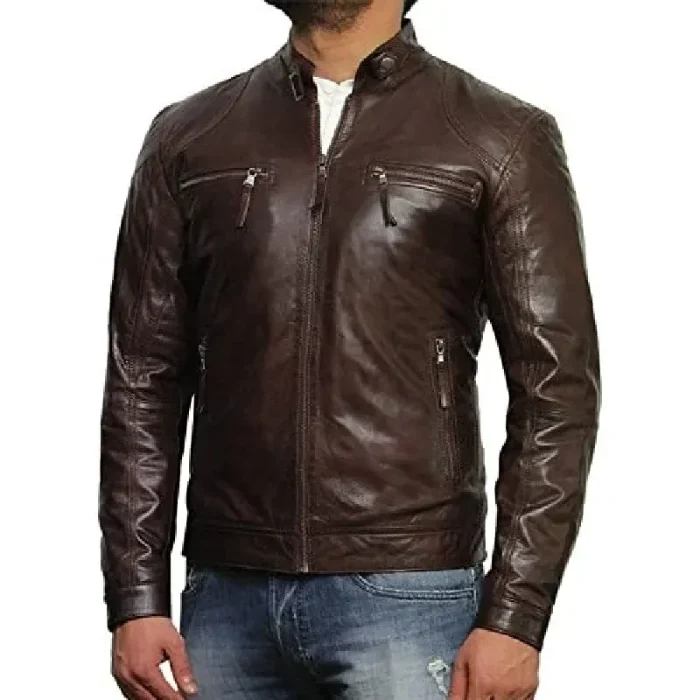 Men'S Dark Brown Zipper Slim Fit Biker Leather Jacket Front