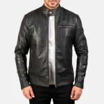 Men's Black Leather Biker Jacket With Snap Collar