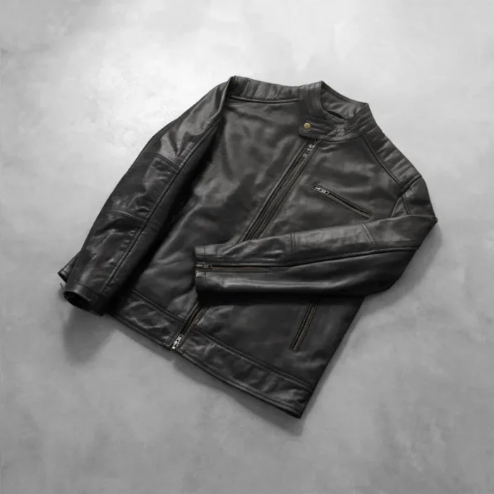 Black Leather Biker Zipper Jacket Jacket Close