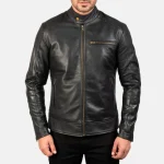 Black Leather Biker Zipper Jacket Close up