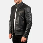 Men's Black Leather Biker Zipper Jacket Side View