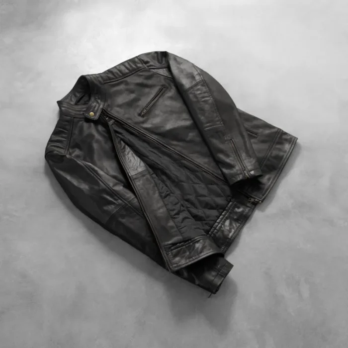 Men'S Black Leather Biker Zipper Jacket - Luxide View