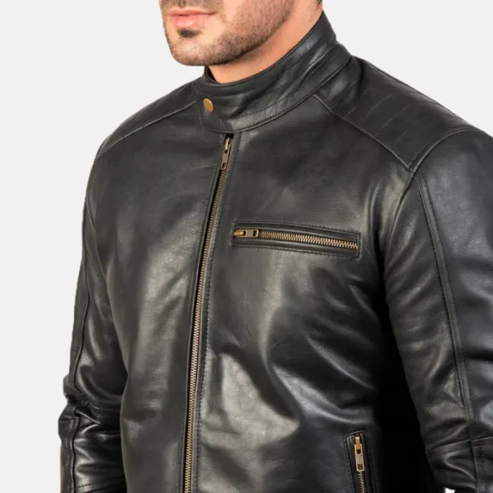 Black Leather Biker Zipper Jacket View