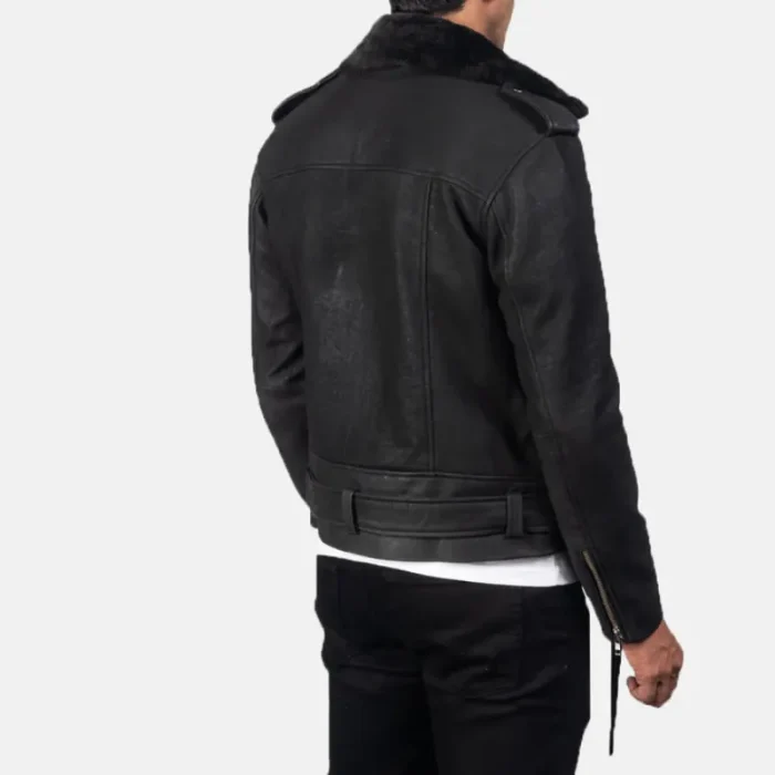 Men'S Disressed Black Leather Biker Jacket Back View-