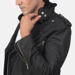 Men's Disressed Black Leather Biker Jacket Close View