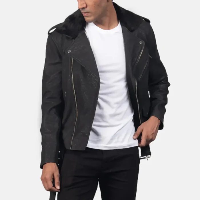 Men'S Disressed Black Leather Biker Jacket Wearing View