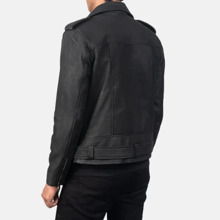 Men'S Distressed Black Leather Biker Jacket Back View