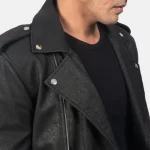 Men's Distressed Black Leather Biker Jacket Close View